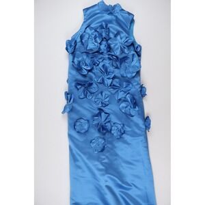 Wear Your Love 3D Floral Applique Maxi Dress Blue Satin Mock Neck Formal NWT